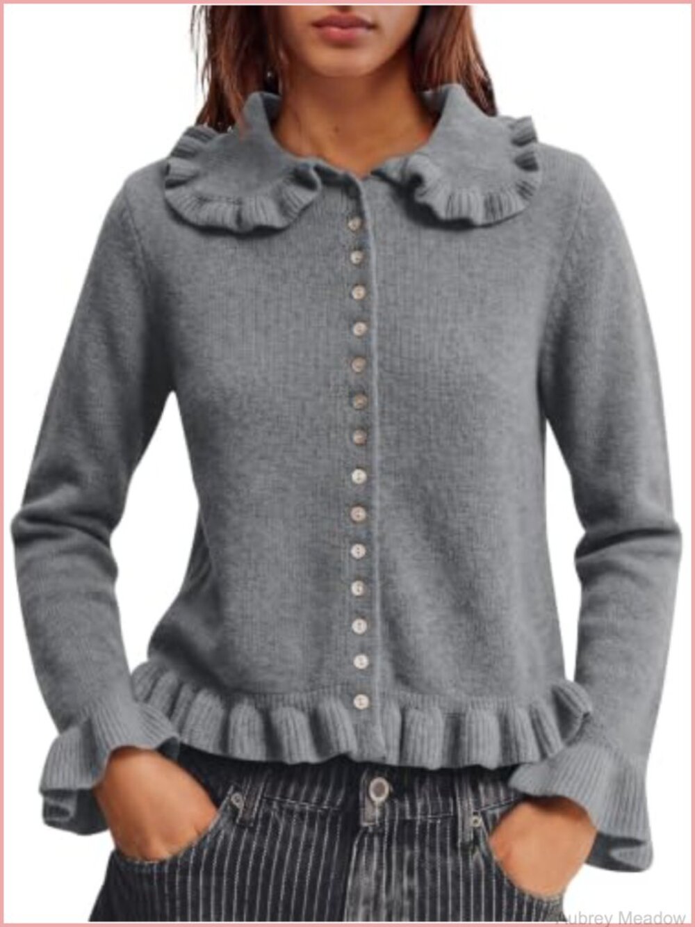 Womens Ruffle Button Down Cardigan Lapel Collared Knit Sweater